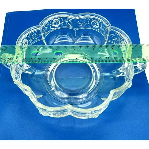 Pressed Glass Dish Bowl Embossed Roses Ornate Handles Vintage Pedestal Bottom - Picture 4 of 15